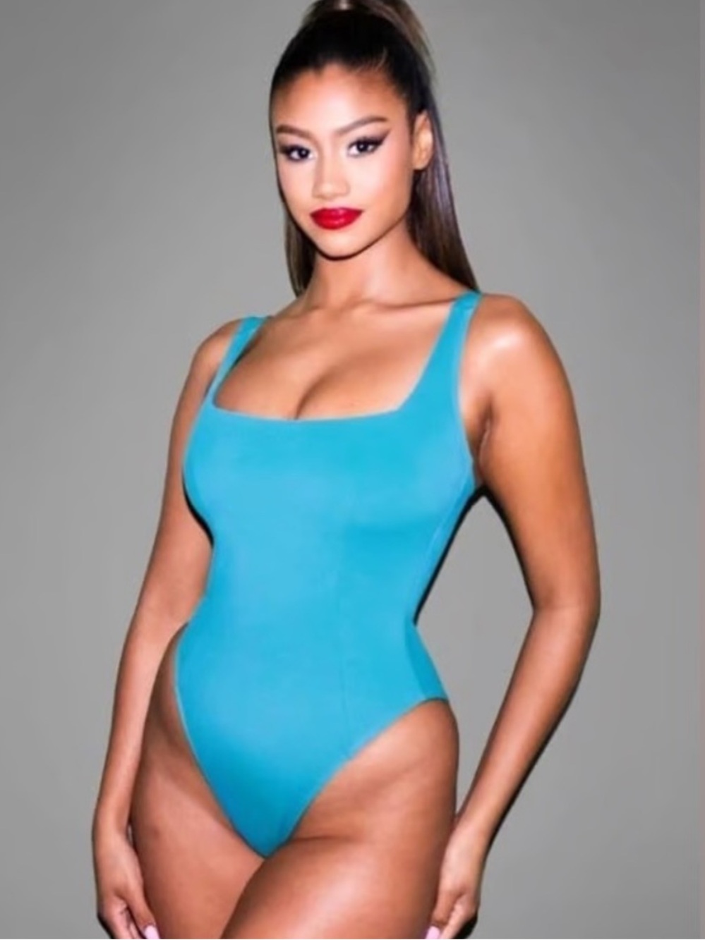 NWT TA3 Squarey Hi Cut One-Piece Swimsuit in Aqua XS short shapewear swim